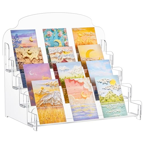 Photo 1 of Menkxi Clear Acrylic Greeting Card Display Stand Portable Sticker Display Stand Card Display Rack Holder Postcard Organizer for Retail Counter Desk Stamp Mail Photo Storage(4 Tier,16''x10''x14'')