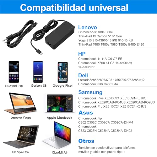 Kammoy 65W/45W USB C/Type C Cargador Adaptador de portátil para Lenovo Chromebook ThinkPad X1 Carbon T480 T480s T580 T490s E585 E580 E590 E595 C330 14e 300e 500e Yoga 720-13IKB S730-13 920-13