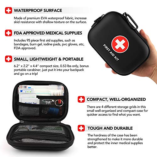 PRICARE Mini First Aid Kit, 95 Pieces Small Water-Resistant Hard Shell Case - Perfect for Travel, Outdoor, Home, Office, Camping, Hiking, Car(Black)