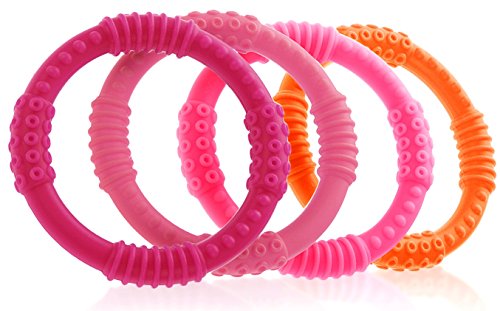 Teether Rings - (4 Pack) Silicone Sensory Teething Rings - Fun, Colorful and BPA-Free Teething Toys - Soothing Pain Relief and Drool Proof Teether Ring (Pinks/Oranges)