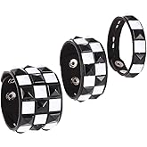 3 Piece Black White Checkered Leather Studded Punk Bracelet, Adjustable Genuine Wristband for Men Women, Gothic Halloween Accessories