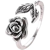 Hebelee Vintage Rose Flower Leaf Open Ring for Women Antique Silver Plated Flowers Leaves Statement Stacking Adjustable Band Wrap Finger Rings Comfort Fit Retro Wedding Engagement Jewelry
