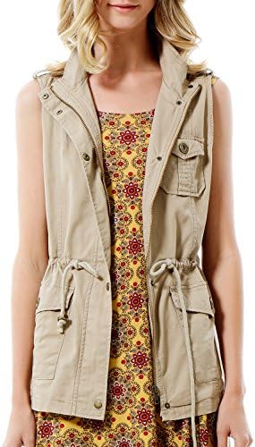3LC Womens Zip Up Drawstring Waist Cargo Anorak Military Vest