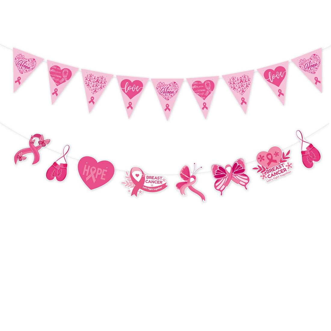 2 Pack Pink Ribbon Sign Decoration Banner Breast Cancer Awareness Banner Pink Ribbon Pennant Banner Hope Love Heart Butterfly Bunting Banner for Women Public Event Fundraiser Survivor Campaign Decor