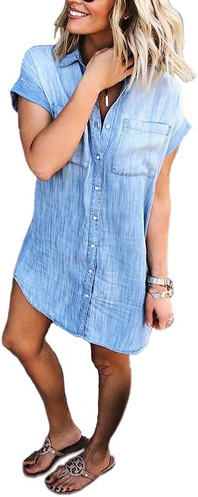 Uinolo Women's Loose Denim Blouse Mini Dress Button Down Lapel Short Sleeve T-Shirt Dress Tops with Pockets