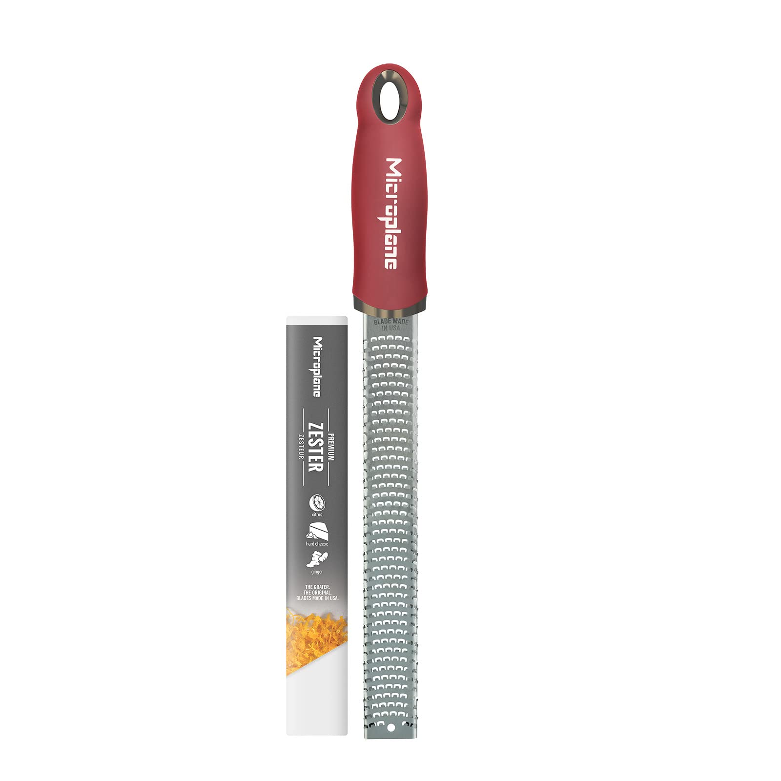 Microplane Zester Grater in Pomegranate Red for Citrus Fruits, Hard Cheese, Ginger, Chocolate and Nutmeg with Fine Stainless Steel Blade - Made in USA