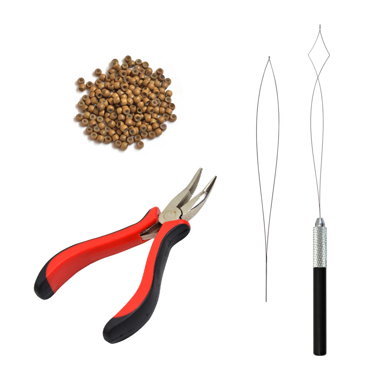 Hair Extensions Pliers Kit with I-tip Hair Pliers Pulling Needle Loop Threader and 200 Pcs 3.0mm Silicone Lined Nano Rings Micro Links Beads (Dark Blonde)