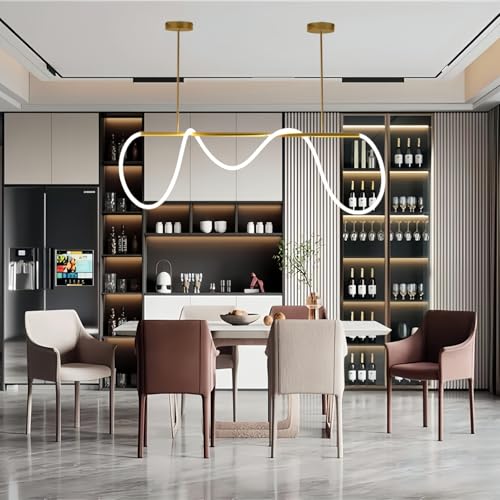 SMG - Lámpara colgante lineal LED moderna para comedor, lámpara de araña dorada regulable para oficina, lámpara de techo de 59 pulgadas con control remoto, atenuación continua, lámpara de manguera