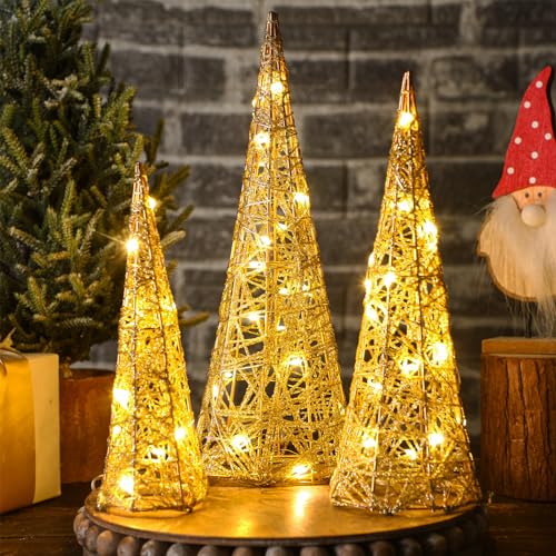 Baquler 3 Pcs LED Lighted Christmas Cone Trees Christmas Tree Ornament