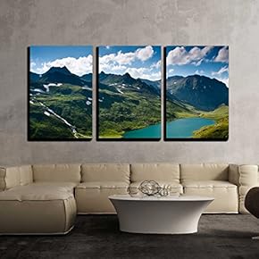 3 Piece Canvas Wall Art - Mountain Landscape in Green Wally with Crystal River, in Caucasian Mountains. - Modern Home Art Stretched and Framed Ready to Hang - 16"x24"x3 Panels