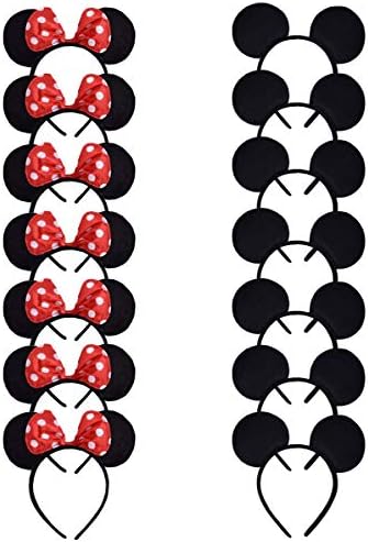 ALRBE TIN Mickey Minnie Mouse Ears Solid Black and Red Bow Headband for Boys and Girls Birthday Costume Party Deluxe Fabric Ears Party Headband Set Pack of 14