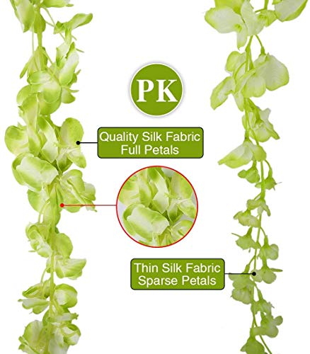 12pcs Artificial Wisteria Flowers 3.6 Feet/Piece Green Artificial Fake Wisteria Vine Ratta Hanging Garland Silk Flowers String Home Party Wedding Decor（Green-Dense）