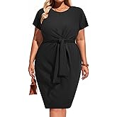 Pinup Fashion Plus Size Dresses for Women Wedding Guest Short Sleeve Tie Front Waist Belted Pencil Work Knee Dress