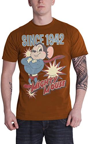 Mighty Mouse T Shirt Hero Since 1942 Vintage Mouse Logo Official Mens Brown