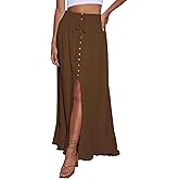 Minclouse Women's Elastic Tie Waist Button Down Maxi Skirts Casual Loose Flowy Swing Slit Front Dress