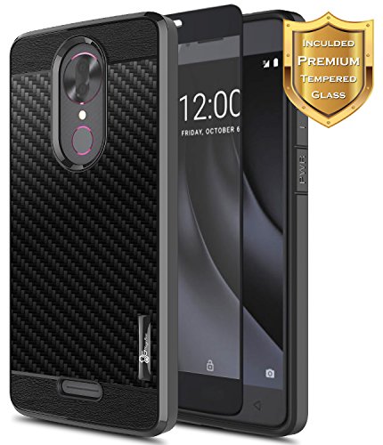 REVVL Plus Case (T-Mobile) with FREE [Full Coverage Tempered Glass Screen Protector], NageBee [Frost Clear] [Carbon Fiber] Slim Soft Protective Cover Case For REVVL Plus 3701A (6 inch) -Black