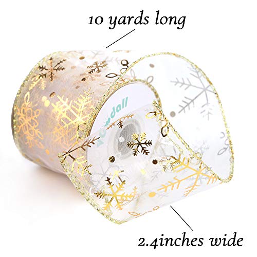 10Yard x2.4Inch Christmas Ribbons Double Faced Ribbon Gold and Silver Snowflake Wired Ribbon for Christmas Tree Wedding Home Decoration