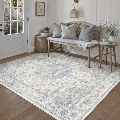 HUGEAR Vintage Blau Waschbarer Teppich Wohnzimmer 140x200cm Retro Rugs for Living Room Weich rutschfest Groß Tepich Kurzflor Schlafzimmer Carpet Livin