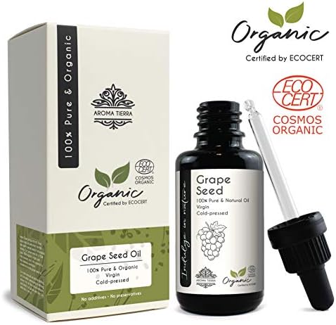 Aroma Tierra Organic Grape Seed Oil (France) - 100% Pure, Virgin, Organic - for Face, Body & Hair (30ml)