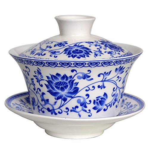 Chinese Porcelain Teacups 6.7oz Gaiwan Flower Tureen Tradition Sancai Cover Bowl Lip Cup Saucer Tea Set for Loose Tea Espresso (200ml Blue lotus)