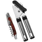 HUIRUI Heavy Duty Stainless Steel Can Opener Kitchen Manual Bottle Opener Smooth Edge with Non-slip Handle Sharp Blade Free Wine Corkscrew