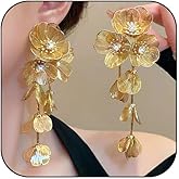 Gold Statement Large Dangle Flower Earrings for Women Dangling Boho Big Long Floral Drop Chandelier Earring Unique Hippie Prom Vacation Jewelry Trendy