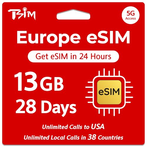 TSIM Europe eSIM with USA Coverage | 13GB Data + Unlimited Local Calls in 38 Countries for 28 Days | Unlimited Calls to USA | Get eSIM via Email in 24 Hrs | Pre-Travel Testing | 28 Days Validity