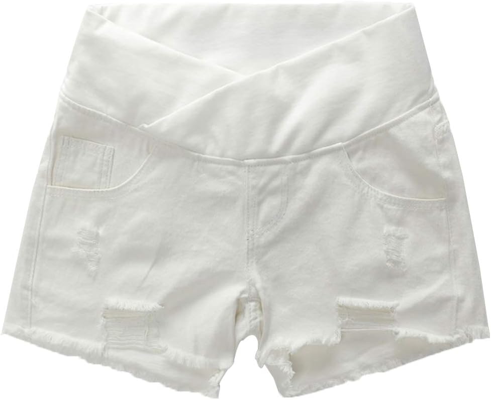 Women's Low Rise Wide Elastic Band Waist Pregnant Denim Shorts Maternity Short Jeans
