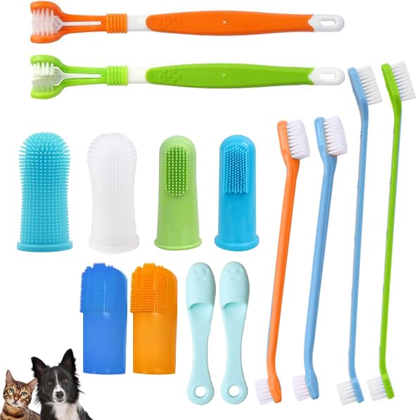 MUNSKT 14 Pack Pet Dog Toothbrush, 2 Triple Head Pet Toothbrushes 4 Double Head Toothbrush 8 Pack Finger Rubber Silicone Toothbrushes Multi-Angle Dental Cleaning Brushes for Dog Cat pet Tooth Health