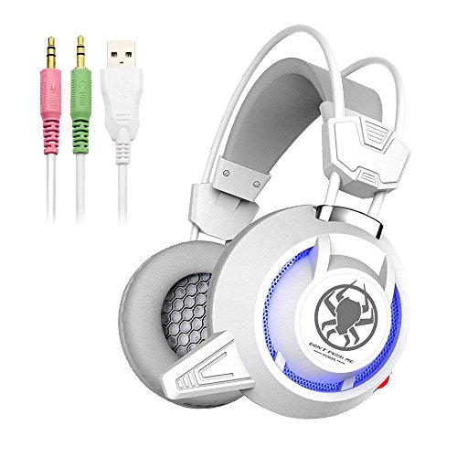 Defway Gaming Headset for PC PS4 Xbox One Laptop Noise Cancelling Over Ear Headphones with Microphone and Volume Control Wired Stereo Earphones for Women Men with LED Light, USB, 3.5mm Jack (white)