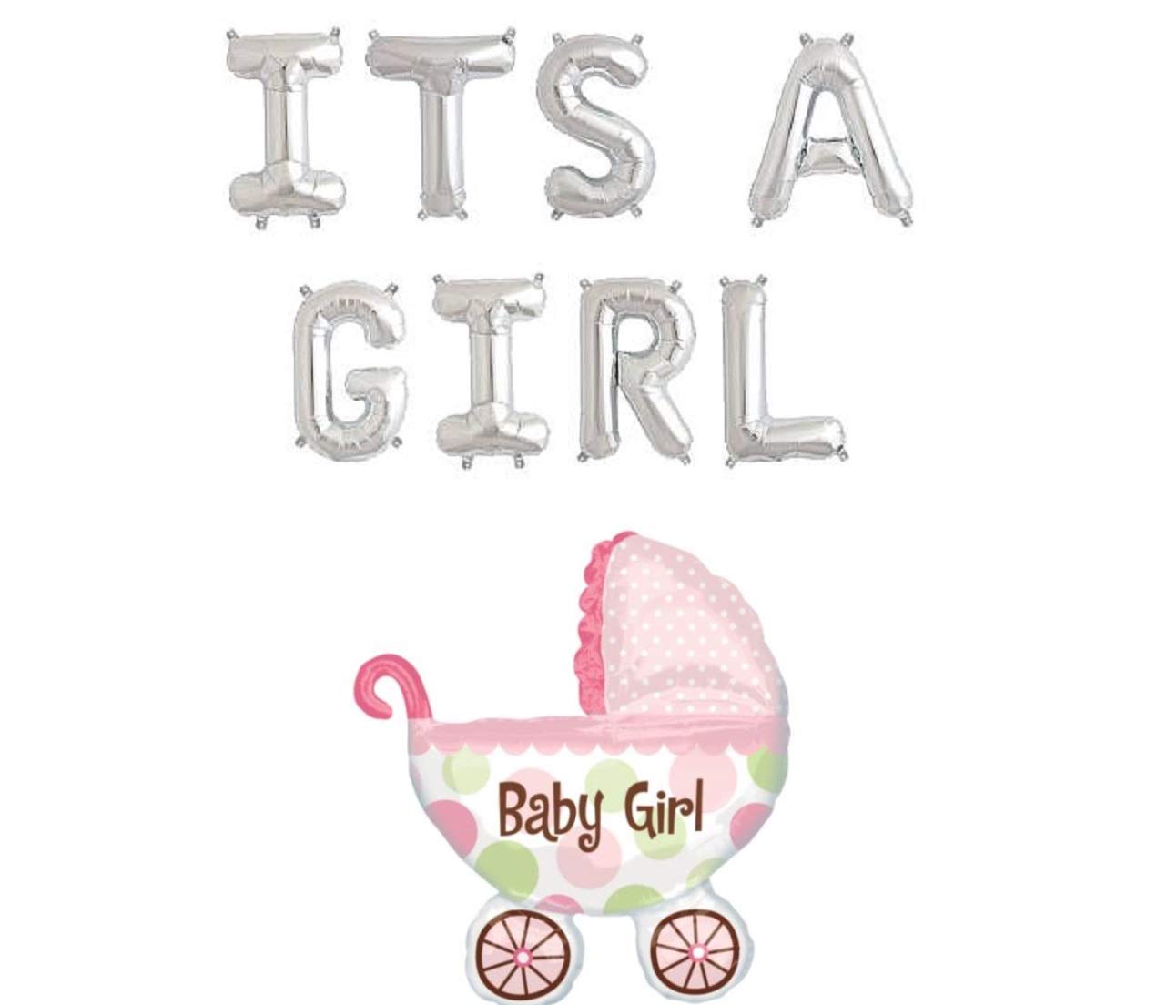 Real-Bargains 3D 16" Foil Balloons ITS A GIRL + BABY PRAM BALLOON Air-Filled BABY REVEAL BABY SHOWER NON-FLOATING (SILVER)