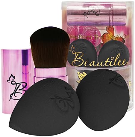 Beautilee - Blend Like a Pro - Makeup Sponge Beauty Egg Blender Sponge for Liquid Foundation and Powder Brush Set - 2 Cosmetic Sponges and 1 Pink Kabuki Brush