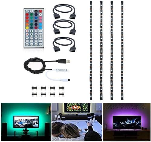 AveyLum USB LED Light Strip 5050 RGB Backlight Tape Lights 4Pcs 20 Inch Waterproof Background Lighting With 44 Keys Remote Control for TV Monitor Home Theater Cabinet Night Light Showcase Decoration