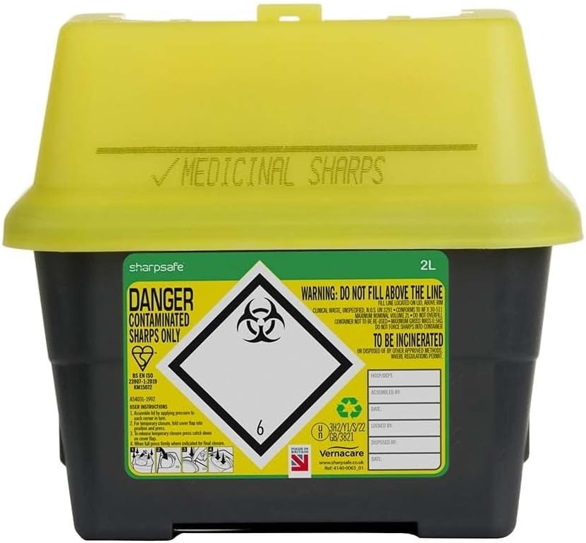 Sharpsafe 2L Biohazard Sharps Safety Bin Yellow with Seal