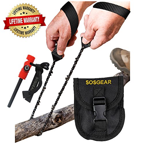 SOS Gear Pocket Chain Saws - Survival Handsaws with Embroidered Nylon Pouch, Snap Closure and Belt Loop  Camping, Hunting, Fishing & Backpacking - 24 Chain Saw Chain, Black Straps