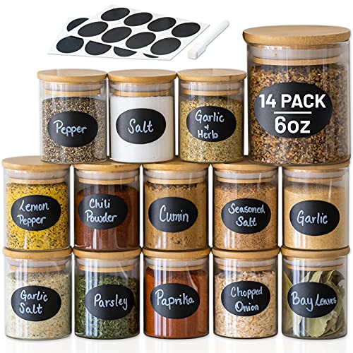 14 pc Glass Jars with Bamboo Lids (6oz) Rewritable Label Set