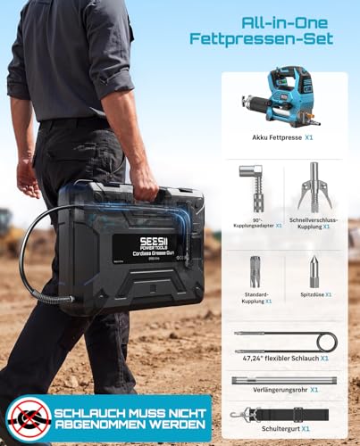 Seesii 12000PSI Battery Grease Gun Set Compatible with Makita 18 V Battery (without Battery), 3 Speeds, Brushless Motor, 3 Mouthpieces, 1 m Long Hose, 90 Degree Adapter and LED Light