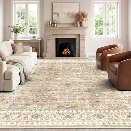 HOMFINE Vintage Teppich Wohnzimmer Beige Braun 200x300 cm - Waschbarer Kurzflor mit Rutschfester Unterseite, weicher Boho Retro für Schlafzimmer Esszi