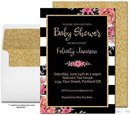 Girls Gold Glitter Floral Baby Shower Invitations