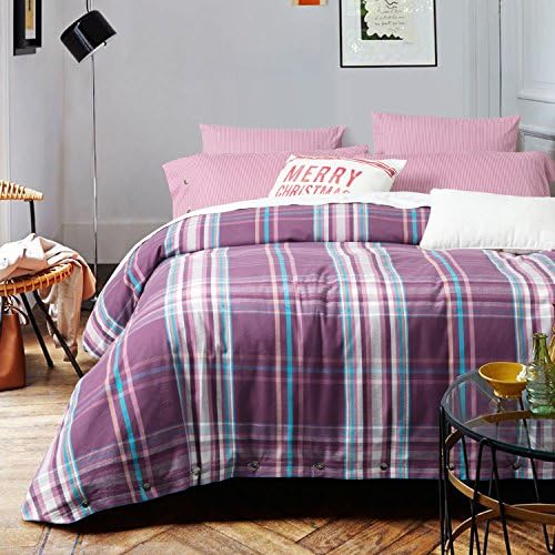 UFO Home 300 Thread Count 100% Cotton Flannel Yarn-dyed Pin Striped Plaid Pattern 4pc Duvet Cover Set Color Purple Full/Queen Size