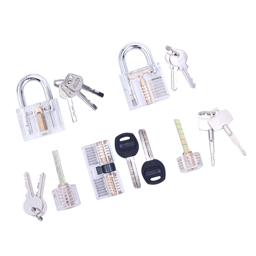 Loboo Idea 5-Piece Practice Lock Set for Beginner and Pro Locksmiths, Transparent Training Cutaway Crystal Pin Tumbler Keyed Padlock, Blade Padlock, AB Kaba Cylinder Lock and Bull Head Cylinder Lock