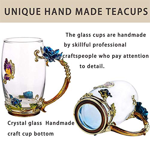 Glass Mug Set Lead-Free Handmade Enamel Butterfly and Blue Rose Flower Tea Cups with Handle, Unique Personalized Birthday Present Ideas for Women Mother Grandma Teachers Coffee (Blue-Tall)