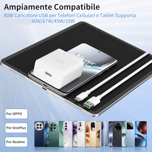 Aiauxai 80W Charger with USB C Cable 1M for OPPO Reno 16 15 Find X9 X8 A5 | Super-Vooc Quick Charge USB Charger for Realme 14 Pro P3 Ultra C71 C75 45W Warp for OnePlus 15 13 Nord 5 4 Pad