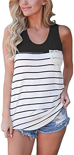 ECOMBOS Womens Striped Tank Tops - Sleeveless Tops Round Neck T-Shirts Loose Patchwork Casual Shirt(Black-L)