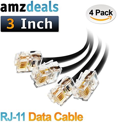 (4 Pack) 3 inch RJ11 6P4C Data Cable, Male to Male Modular Data Cord (Black - Straight Wiring)