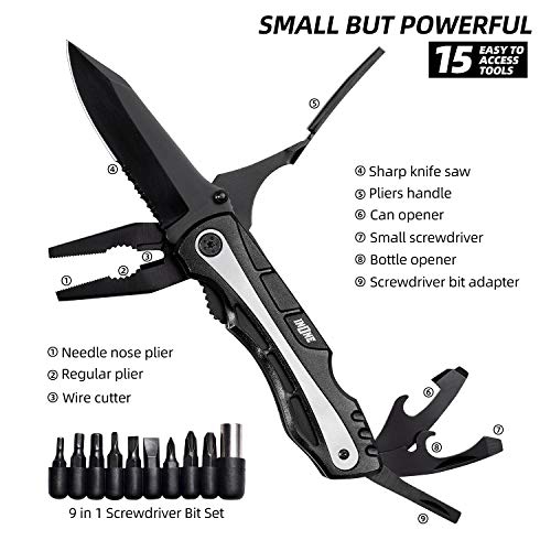 INONE 15-in-1 Multitool Repair tool Pocket Knife Utility Knife with Blades, Saw, Pliers, 9 Screwdriver Bits, Bottle/Can Opener Multi Tool for Outdoor, Car set, Home, Camping, Hiking, Fishing, Hunting