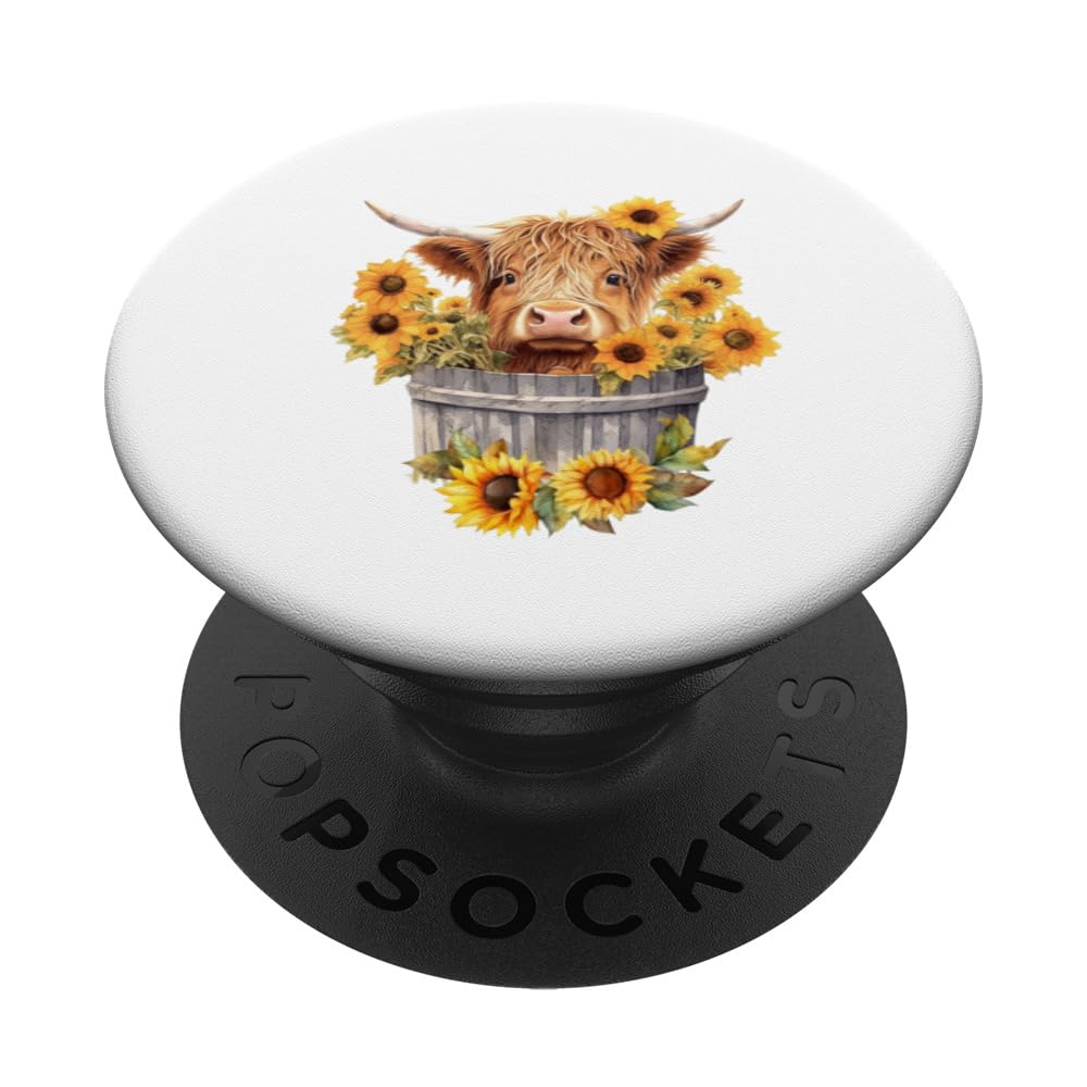 Cute Highland cow with sunflowers country Heifer Farm Farmer PopSockets Swappable PopGrip