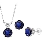 Gem Stone King 14K White Gold Blue Sapphire Pendant Earrings Jewelry Set For Women | 1.50 Cttw | Gemstone September Birthstone | Round 5MM | with 18 Inch Chain