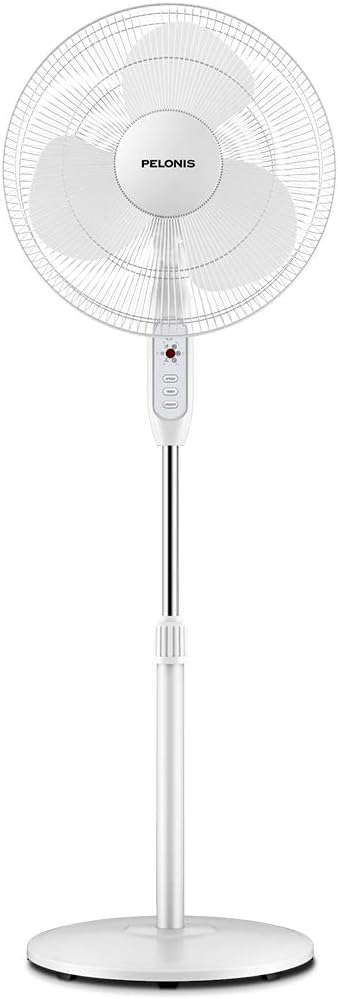 PELONIS 2021 16'' Pedestal Remote Control Oscillating Stand Up Fan 7-Hour Timer, 3-Speed and Adjustable Height, PFS40A4BWW, 16-inch AC Motor, White