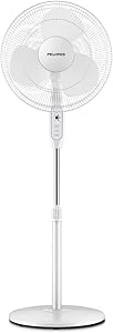 PELONIS 2021 16'' Pedestal Remote Control Oscillating Stand Up Fan 7-Hour Timer, 3-Speed and Adjustable Height, PFS40A4BWW, 16-inch AC Motor, White